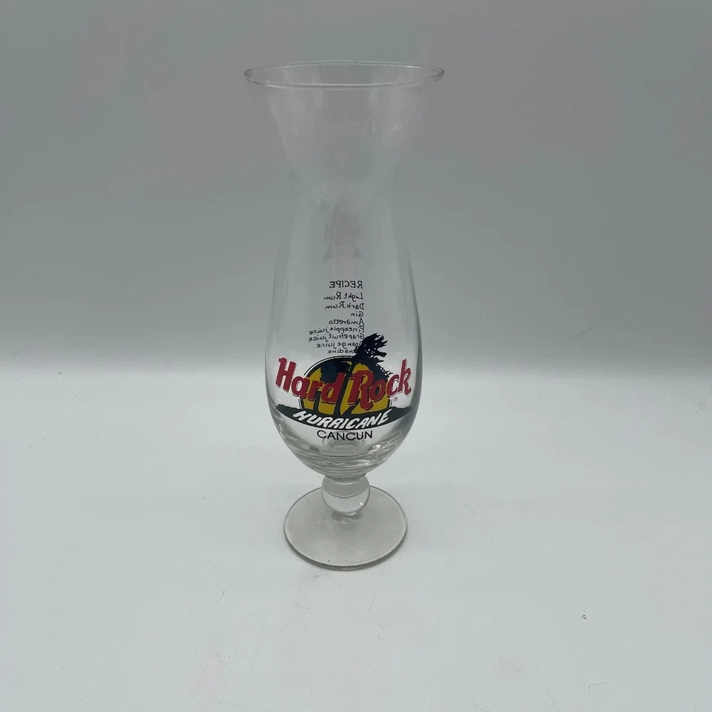 Hard Rock Cafe Cancun Hurricane Glass Souvenir Barware Drink Recipe Logo Clear